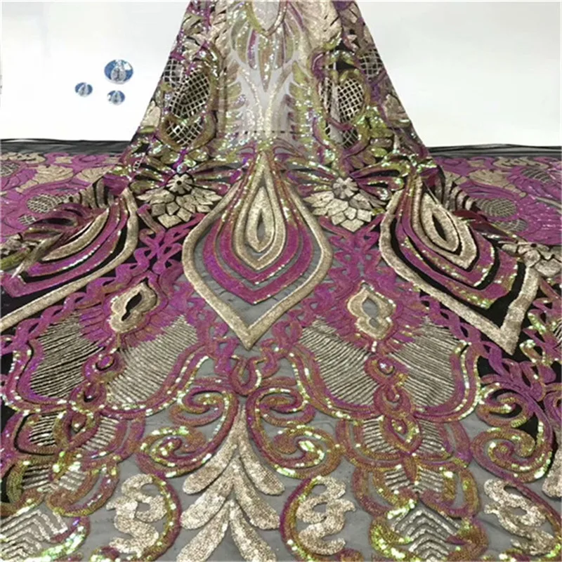 

(5yards/lot ) 2018 New High quality emerald green gold African tulle lace French net lace fabric with Sequins for party dress