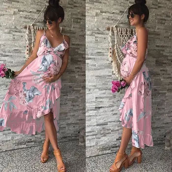 

Pregnancy Sexy Dress Photography Props Women V-Neck Sleeveless Flower Print Ruffle Dresses Robe Grossesse Summer Dress S-XL 2019