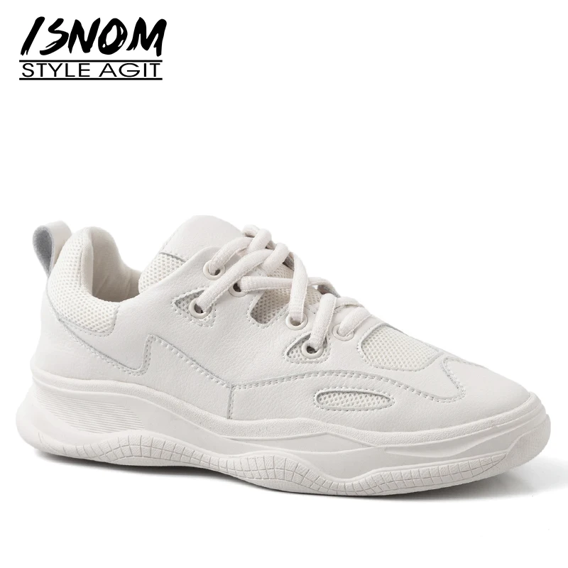 

ISNOM Fashion Casual Flat Women Sneakers Round Toe Footwear Clunky Shoes Female Platform Cow Leather Shoes Woman Summer White