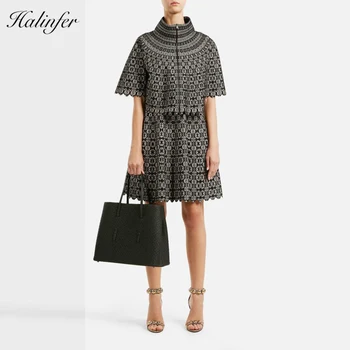 

Halinfer 2018 New women 2 piecesdress preppy style turleneck A-line print half knee-length batwing sleeve black dresses vestidos