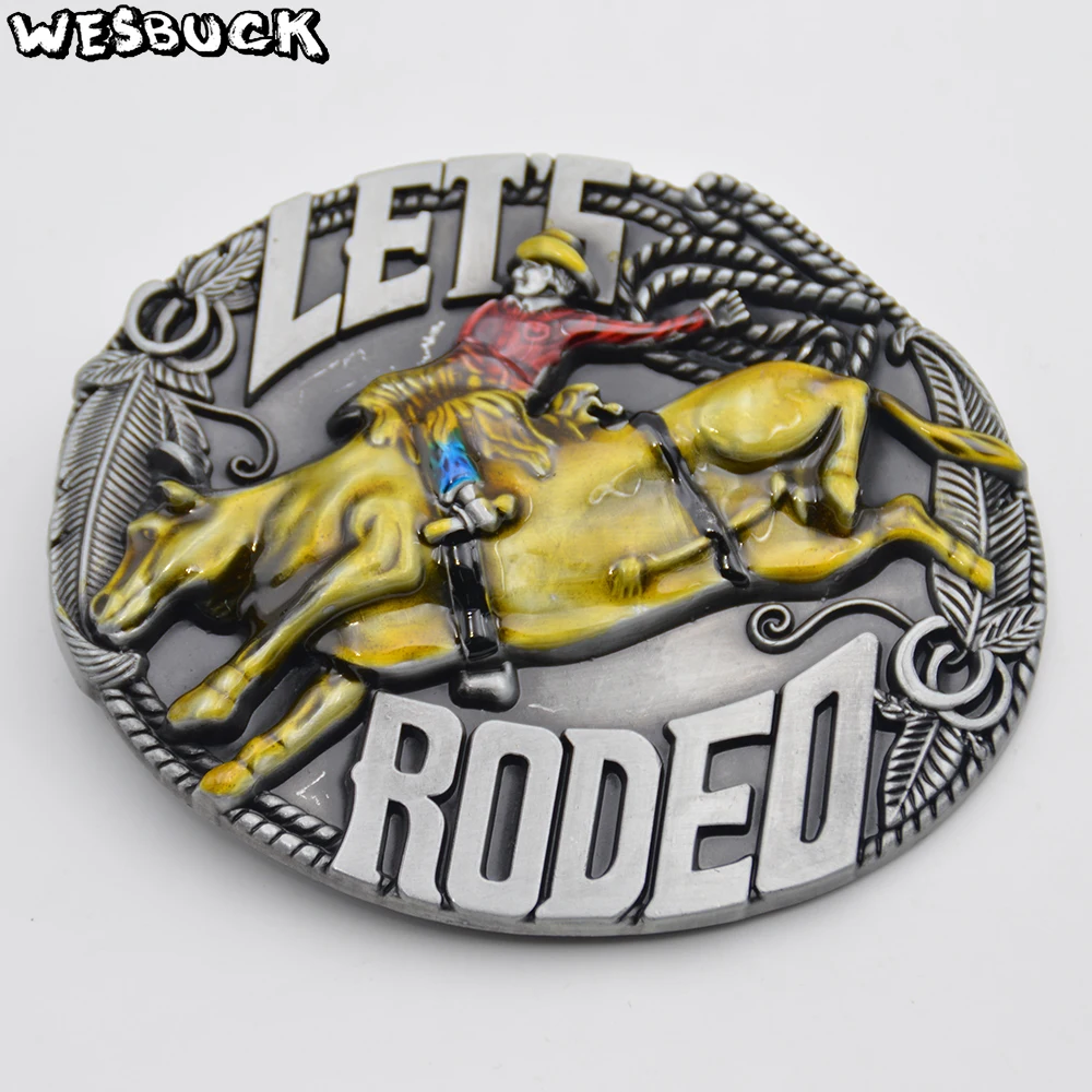 

WesBuck Brand Mens Cowboys Belt Buckle Meatl West Cowboy LET'S RODEO Belt Buckles With PU Belt DIY New Year Christmas Gifts