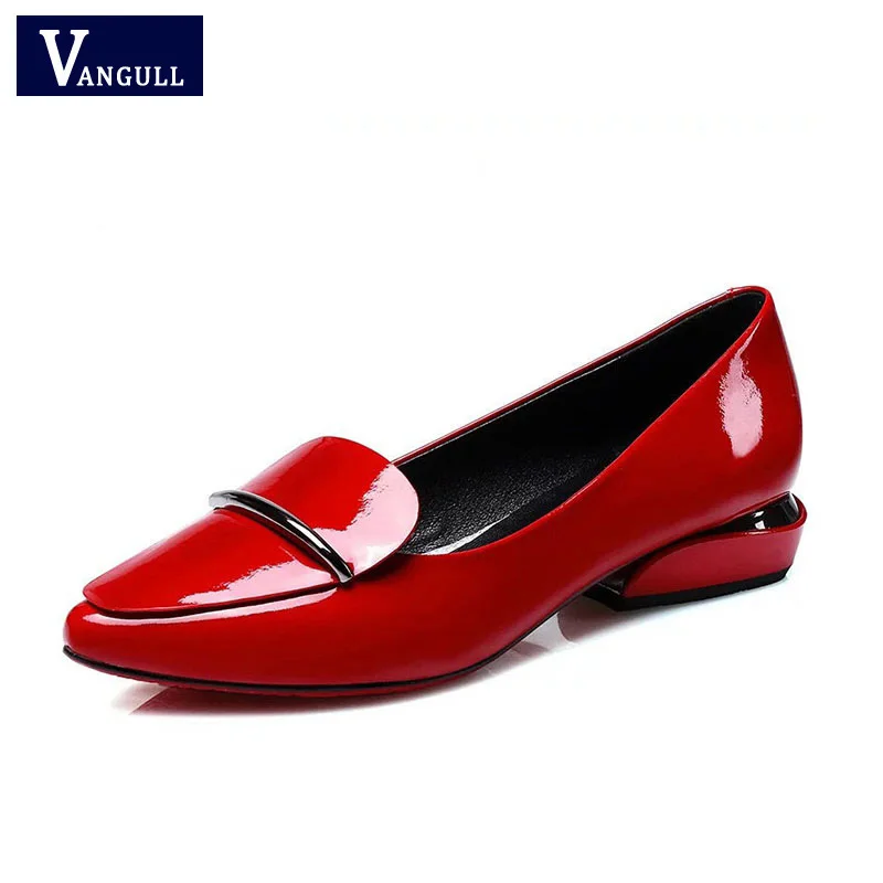 

Vangull New Women Shallow Pumps Office Pointed Toe Slip-On Dress Shoes Low Heels Mirror Surface Candy Colors Patent Leather Red