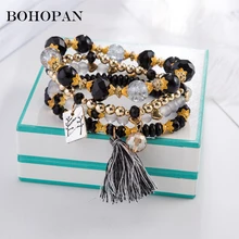 Multilayer Bohemian Beaded Bracelet Women Crystal Design Square Metal Pendant Charm Stretch Beach Bracelet Set Jewelry Bijoux beaded and metal triangle decorated bracelet set