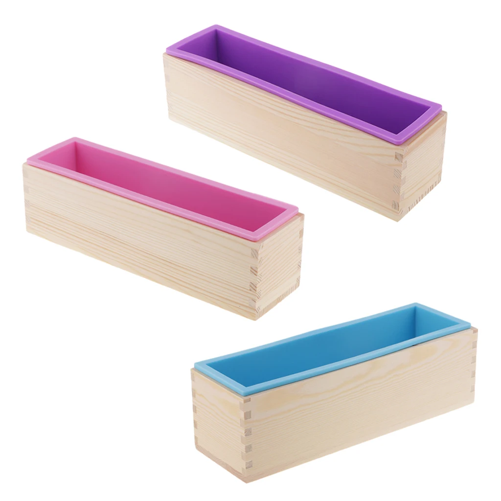 3pcs Rectangle Silicone Soap Mold Wooden Box DIY Tools Toast Loaf Baking Cake Molds - Pink/ Purple/ Blue