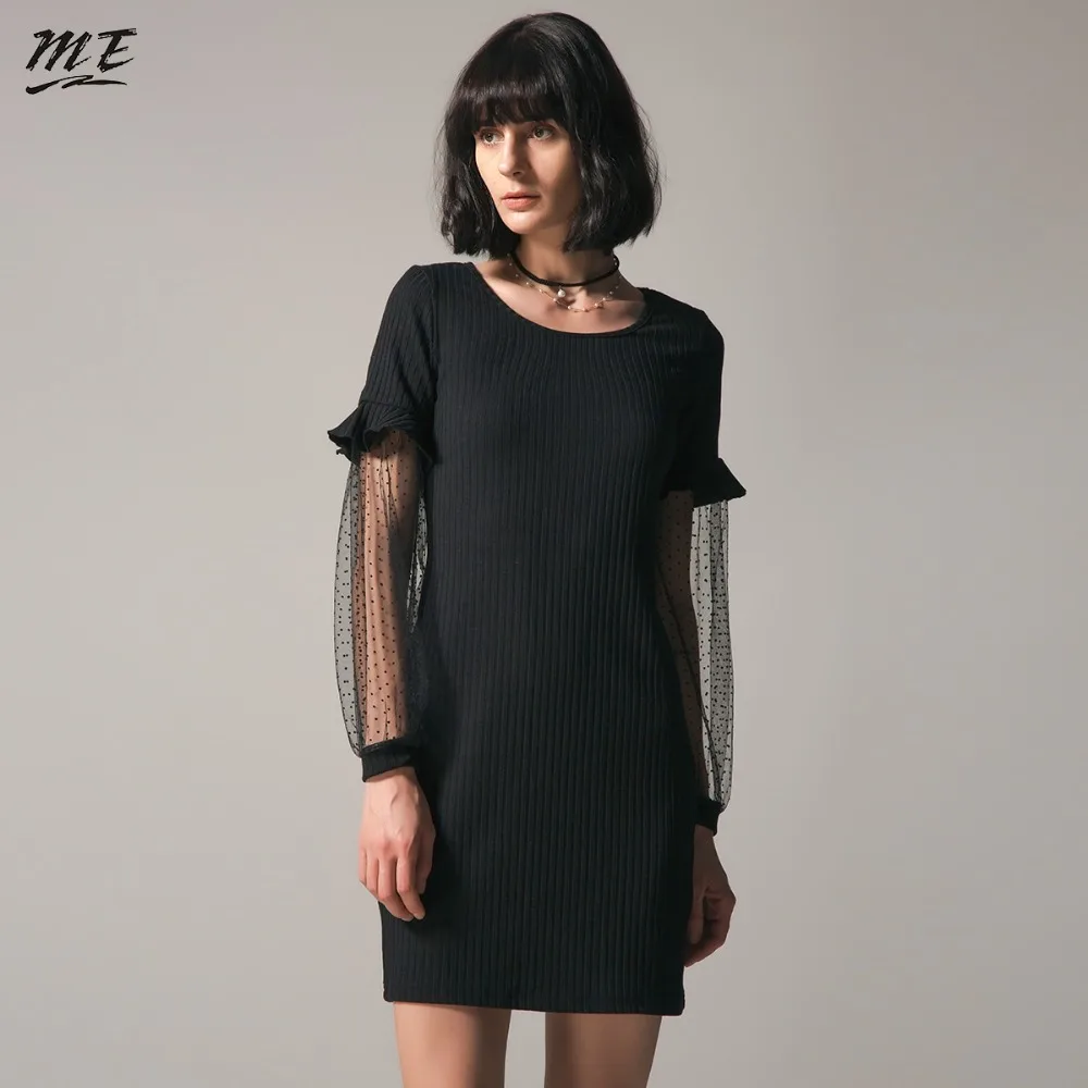 ME Women Party Dress Lace Black Dot Ruffle