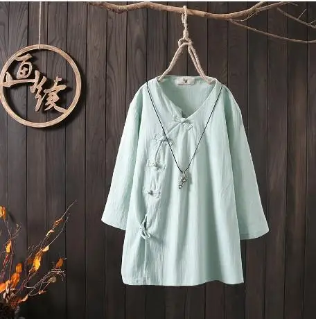 Китайская блузка Новая летняя хлопковая льняная наклонная Лоскутная пуговица Женские китайские Топы для женщин чайная китайская рубашка Hanfu - Цвет: green