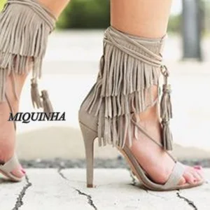 best seller nude suede leather tassel women sandals open toe super thin high heel cover heel shoes ankle lace up fashion pumps