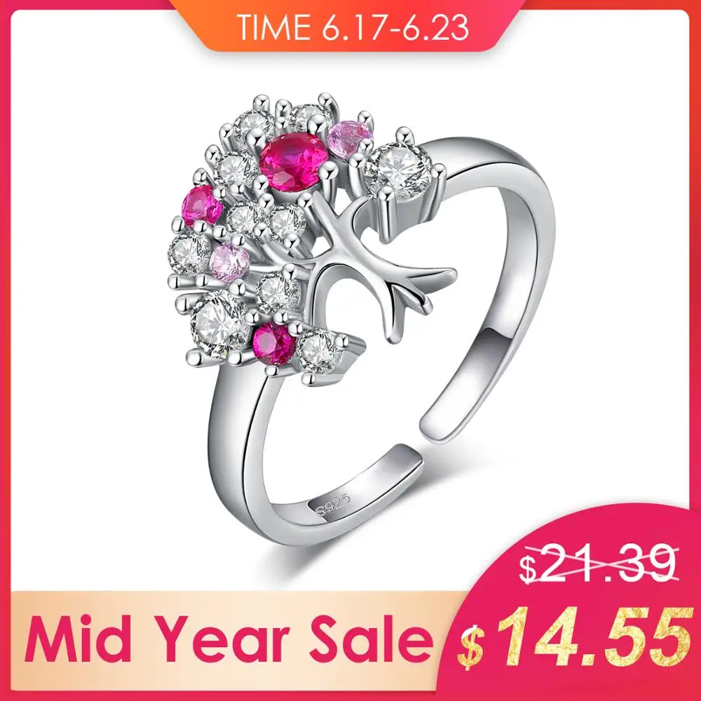 

JewelryPalace Silver Ring Jewelry For Women July Birthstone Created Ruby Zirconia Tree Of Life Promise Lady Best Fashion Gifts