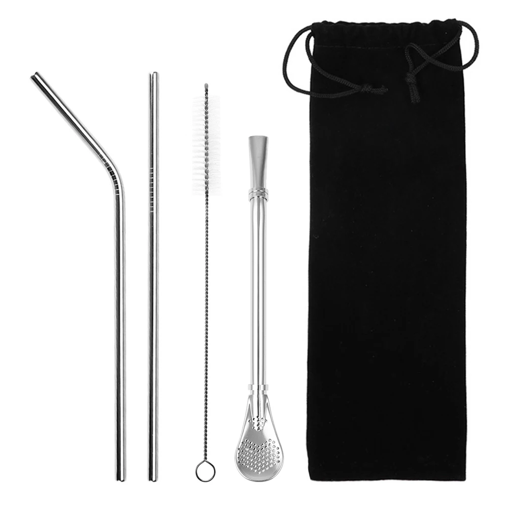 

5pcs/set Stainless Steel Drinking Straws Bar Reusable Metal Straw With Cleaning Brush Kit and Bag Coffee Milk Bar Accessories
