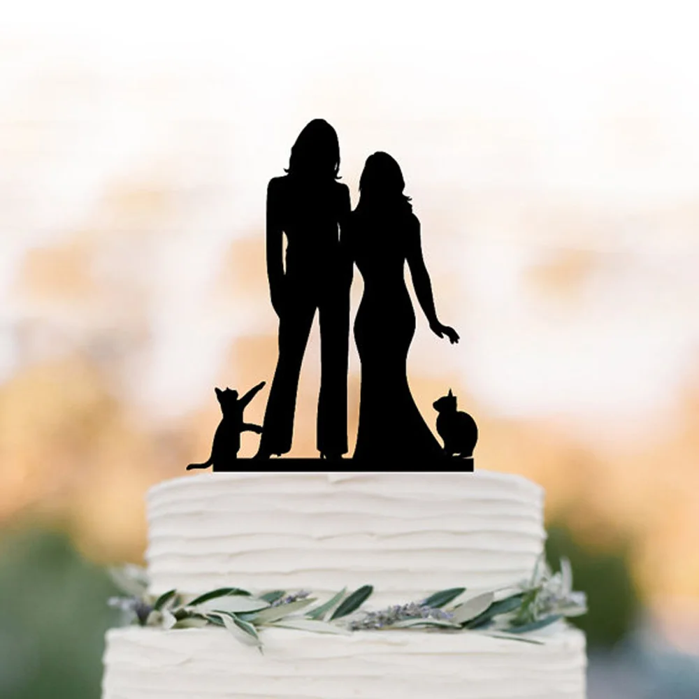 Lesbian wedding cake topper with cat. same sex mrs and mrs cake topper, silhouette cake topper, Rustic wedding cake decoration1