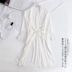 Горячее белое женское шелковое ночное белье свадебное платье невесты кимоно Одноцветный халат ночная рубашка одежда для невесты Размер m-xl