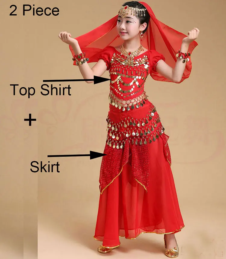 Детский костюм для танца живота, детское платье для индийского танца, Детские Танцевальные Костюмы Болливуда для девочек, одежда для выступлений, 6 цветов - Цвет: Red 2 Piece