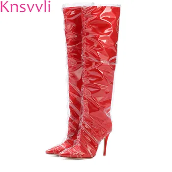 

Knsvvli red transparent plastic wrap up high heel long boots women pointy toe satin PVC stiletto big size knee high boots woman