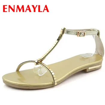 

ENMAYLA Gold Silver Flats Sandals for Women Summer Shoes T-strap Fahsion Leather Boots Shoes New Bohemian Sandals Flats Casual
