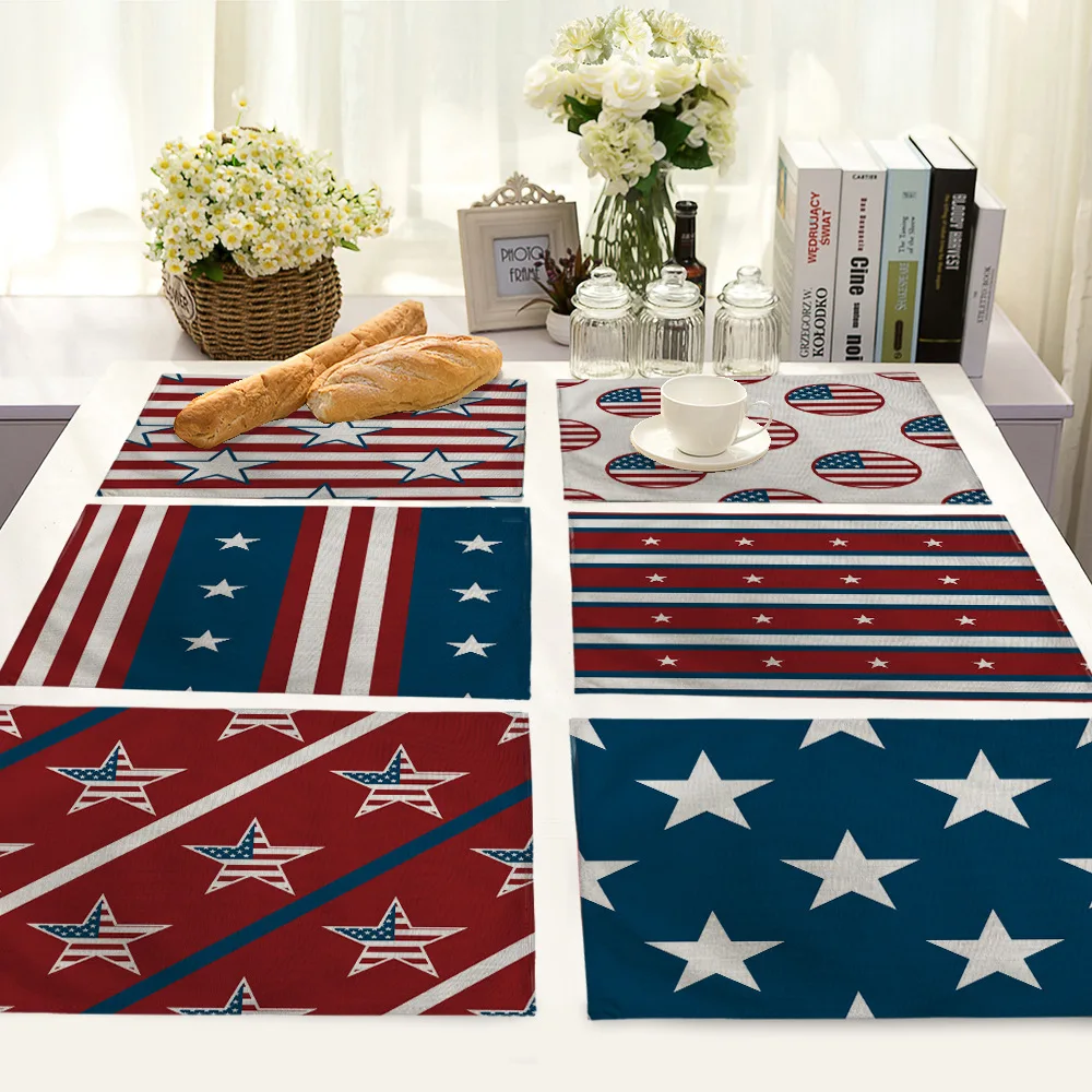 

European and American American Flag Cotton Linen Placemat Decoration Red and Blue Striped Stars Coffee Accessories Coasters