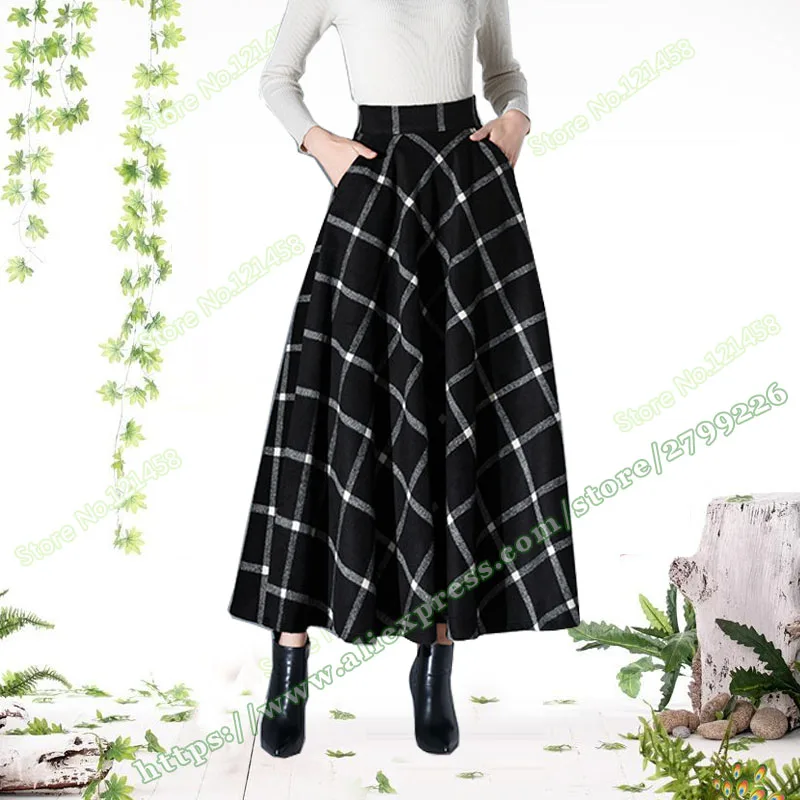 

2017 Autumn And Winter Plus Size XXXXXXL 5XL 6XL Fashion Vintage Woolen a-line Black Red Plaid female Maxi Skirt Womens