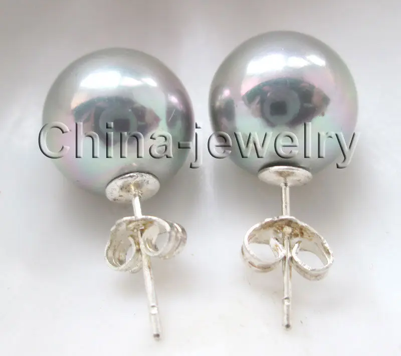 E6197-14mm натуральный серый идеально круглые Южное море жемчужные серьги-ракушки-925 серебро