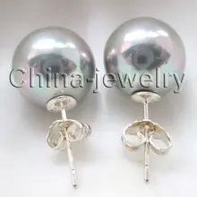 E6197-14mm натуральный серый идеально круглые Южное море жемчужные серьги-ракушки-925 серебро