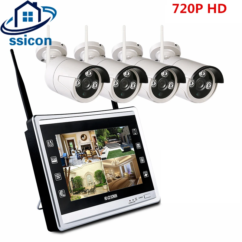 

720P Wireless WiFi Security Camera System 8CH NVR 4Pcs Camera with 12 inch LCD Monitor Video Surveillance Kit
