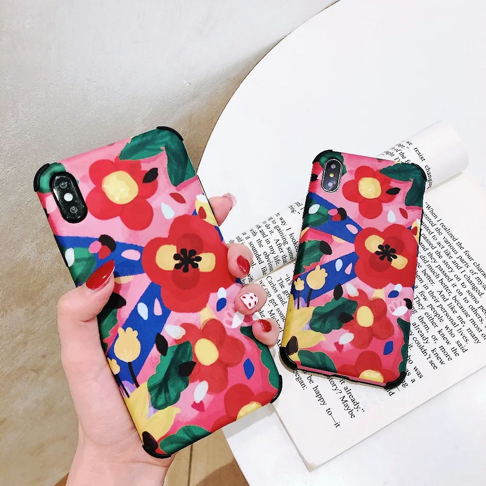 

Korea Four corners Anti-knock Case For iPhone XS XR XS MAX X 6 6S 7 8 Plus Cute Watercolor flowers Liquid Silicone Phone Case