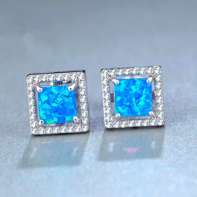 

Fashion Crystal Ocean Blue Opal Stone Square Stud Earrings Silver Filled Geometric Brincos For Women Engagement Jewelry Gifts