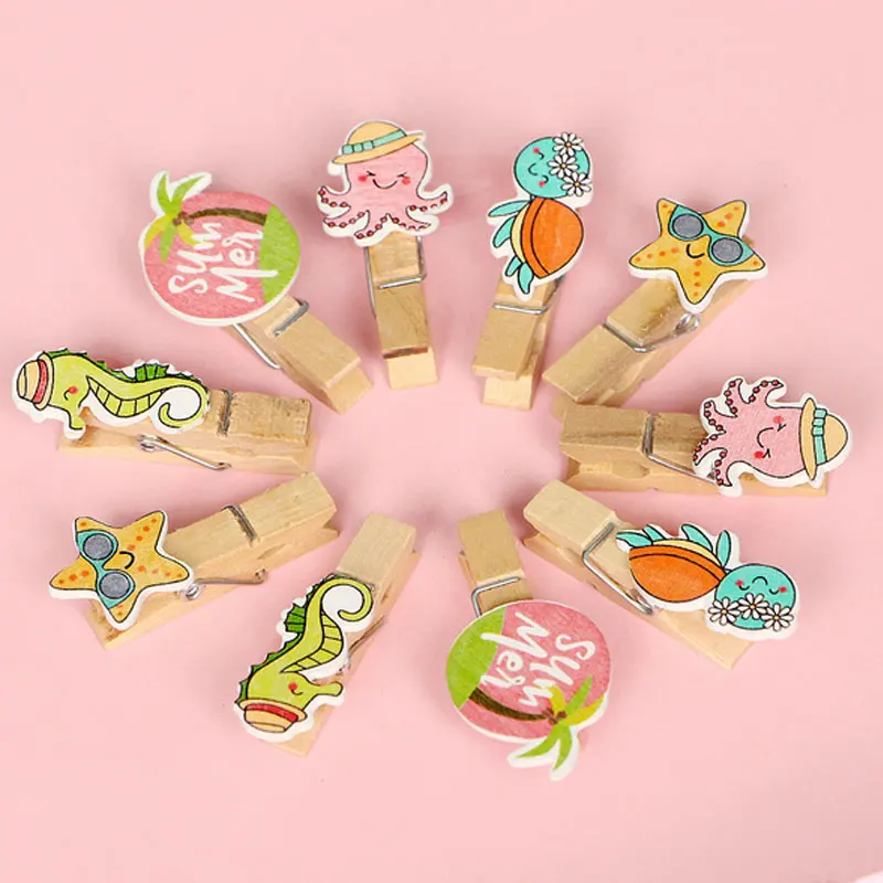

10 pcs/pack Creative Marine animal Wooden Clip Photo Craft DIY Clips with Hemp Rope Clothespin Craft Decoration Clips Pegs