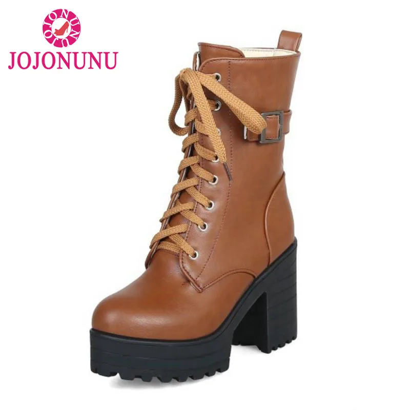 

FITWEE Women Motorcycle High Heels Boots Lace Up Platform Buckle Shoes Women Winter Warm Fur Shoes Punk Footwear Size 34-43