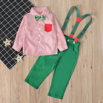 Gentleman Kid Boys Formal Suits Summer Sets Bow Tie Long Sleeve T-shirt Suspender Trouser 2Pcs Christmas Outfits 1-5Years - Цвет: CC01606-LS