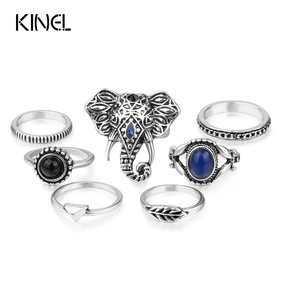 

Hot Vintage Elephant Midi Rings Set For Women Tibetan Antique Silver Color 7pcs/Set Boho Ring Jewelry