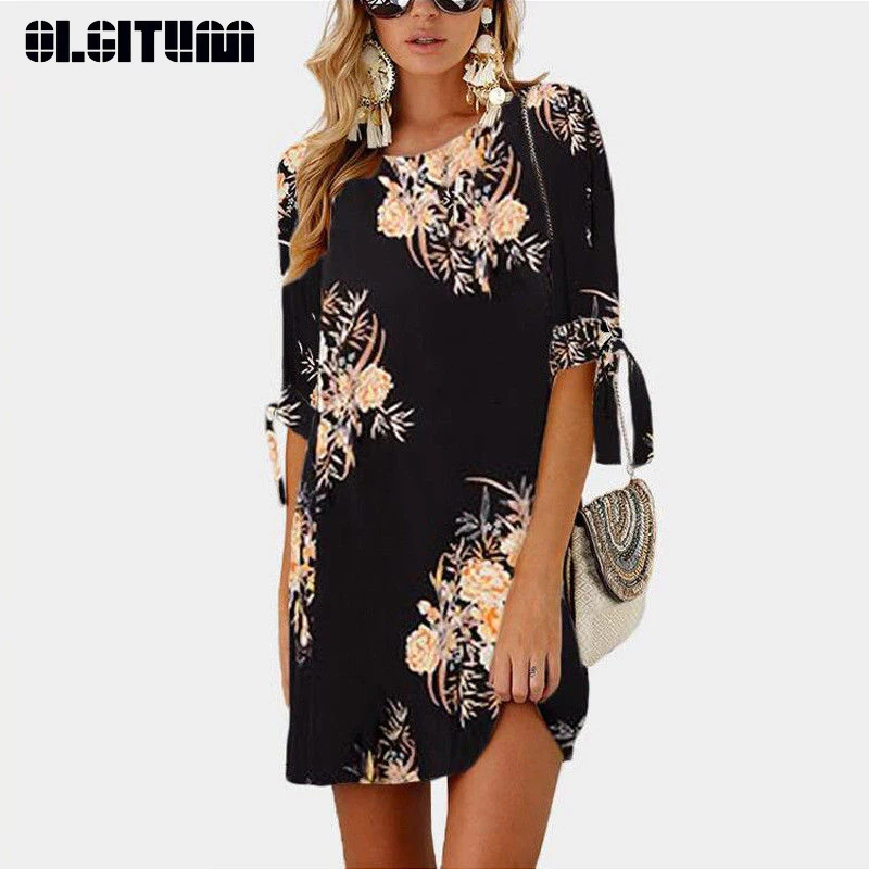 

New Women Summer Dress 2019 Boho Style Chiffon Beach Dress Floral Print Loose Sundress Mini Party Dress Vestidos S-5XL DR825