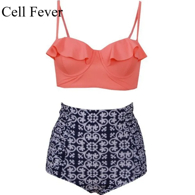 

Swimsuit Women Two Piece Swimwear Sling Lotus Leaf Bikini Set High Waist Print Beachwear 2PCS Bathing Suit Maillot De Bain Femme
