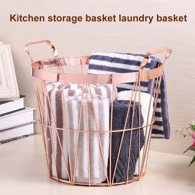 

Rose Gold Round Iron Wire Storage Basket with Handles for Kitchen Bathroom H99F