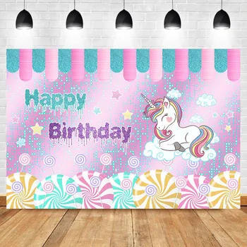 

Neoback Donut Candy Theme Backdrop Cartoon Unicorn Glitter Happy Birthday Photo Background Dessert Table Decor Props Backdrops
