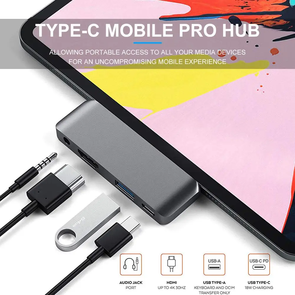 Алюминиевый type-C мобильный Pro концентратор адаптер с USB-C PD Зарядка 4K HDMI USB 3,0 3,5 мм разъем для наушников для iPad Pro