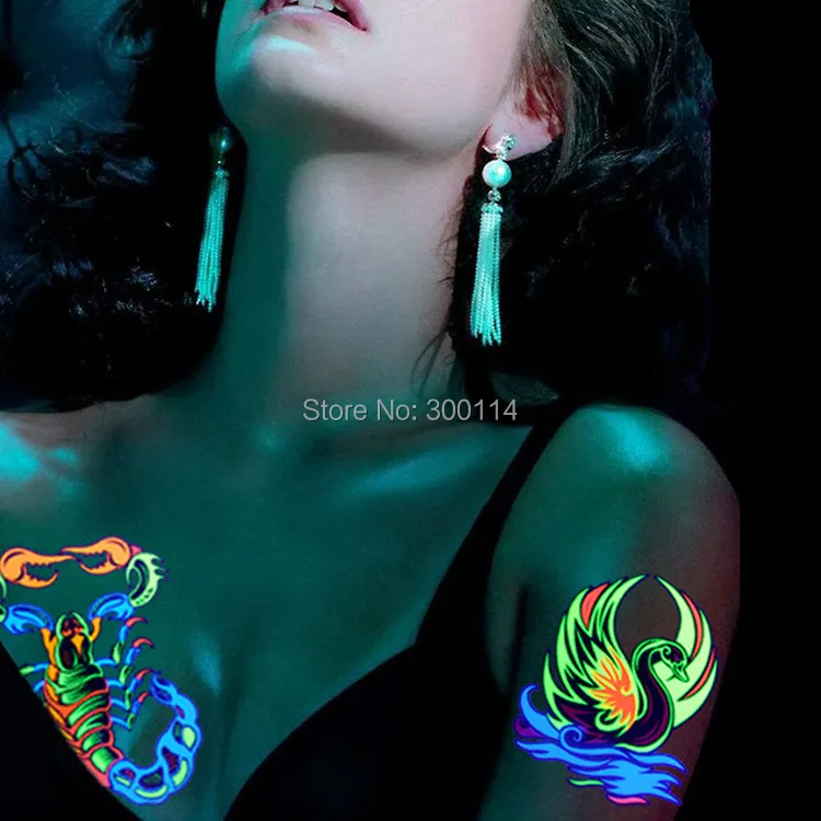 Louco do Partido Atacado Luminosa Fluorescente Luz Férias Tatuagem Temporária Harajuku Boate Fluorescência Tatuajes Corpo 500 Pcs 25 fluorescente luz Férias Tatuagem Temporária Harajuku Boate Fluorescência Tatuajes Corpo