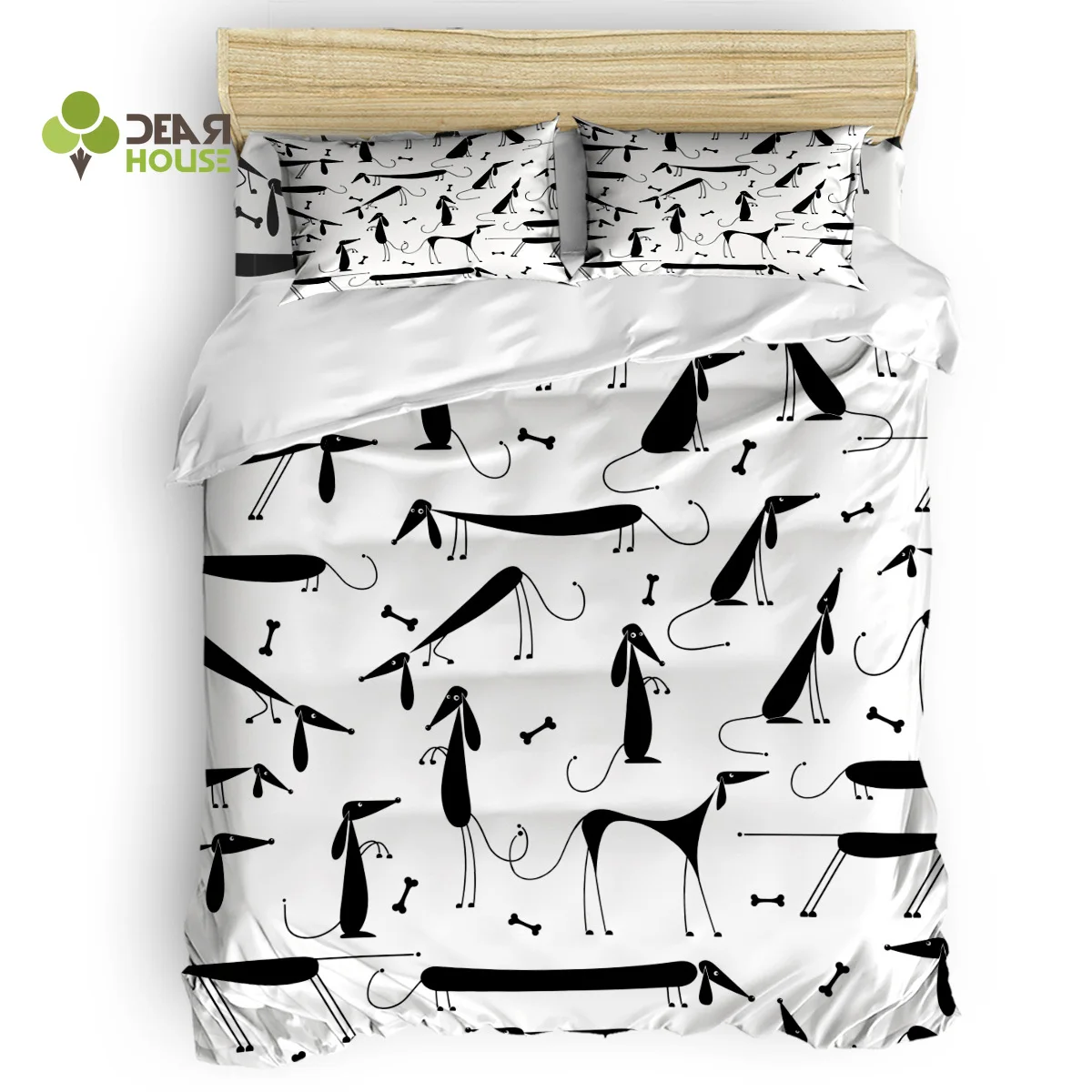 

Dear House Duvet Cover Set Black And White Dog Duvet Cover 4 Piece Bedding Set