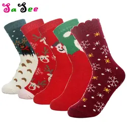 5 пар Горячая качество зима теплая шерсть кролика носки Для женщин толщиной несколько Рождественский узор Снежинка Олень сладкий Meias