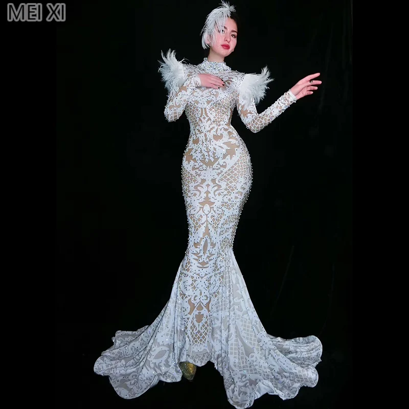 

shiny luxury white diamond feather dress wedding birthday celebration party banquet evening dress concert ball singer costume