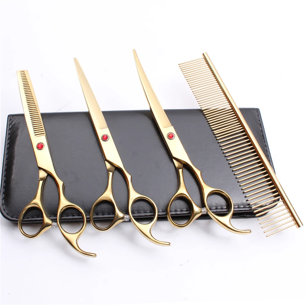 

C3003 4Pcs 7.0" 19.5cm Engraving Logo Japan 440C Comb+Cutting+Thinning Scissors+UP Curved Shears Professional Pets Hair Scissors