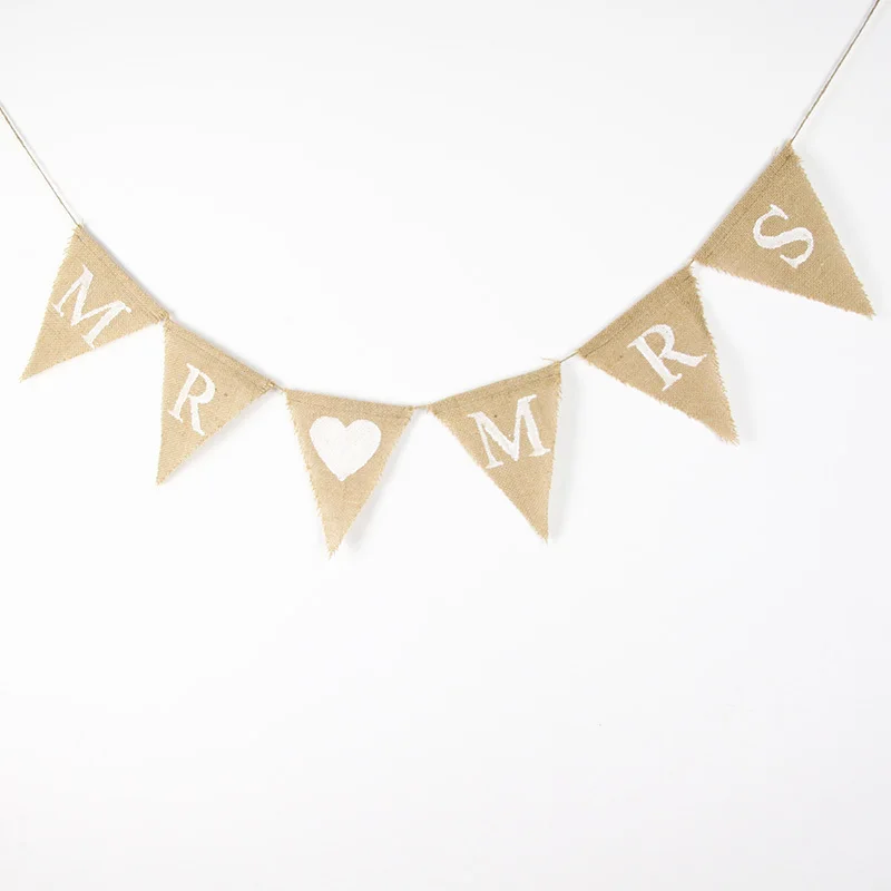 just married bunting banner burlap hessian canvas flag pennants jute linen cloth garland future mr & and mrs it's a boy or girl he or she