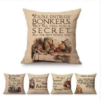 

Vintage Alice in Wonderland Quotes Letter Print Home Decorative Sofa Throw Pillow Case Children Cartoon Gift Linen Cushion Cover