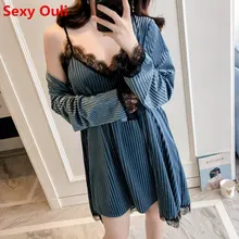 Осень-зима модные пижамы Стиль полосатый сторона бархат толстовка и брюки костюмы Для женщин комплект из 2 предметов халат платья комплект