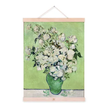 

Van Gogh White Rose Flowers Vase Wooden Framed Famous Canvas Oil Paintings Living Room Kitchen Cafe Decor Wall Hanging Pictures