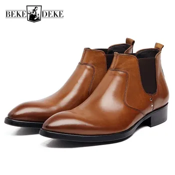 

Fashion Men Ankle Boots Genuine Leather Luxury Slip On Business Formal Shoes Large Size High Quality Wedding Dress Chelsea Boots