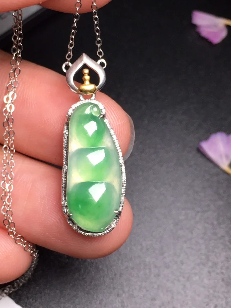 

509 Fine Jewelry Pure 18 K White Gold Jewelry 100% Natural Burmes Green Jade Gemstone Pendant Necklace Fine Pendants Necklaces