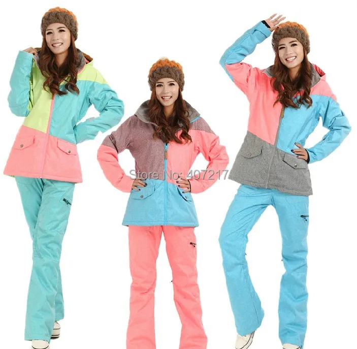 2016 new womens color matching ski jacket blue pink snowboarding