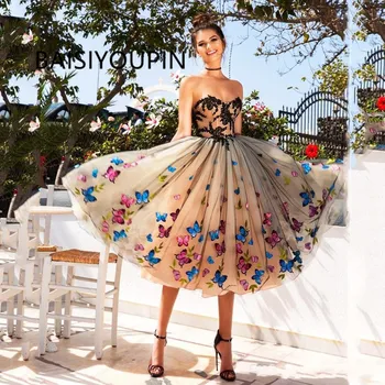 

Tea Length Evening Dresses Short 2020 Sweetheart Backless Prom Gown A Line Appliques Dress Evening Wear