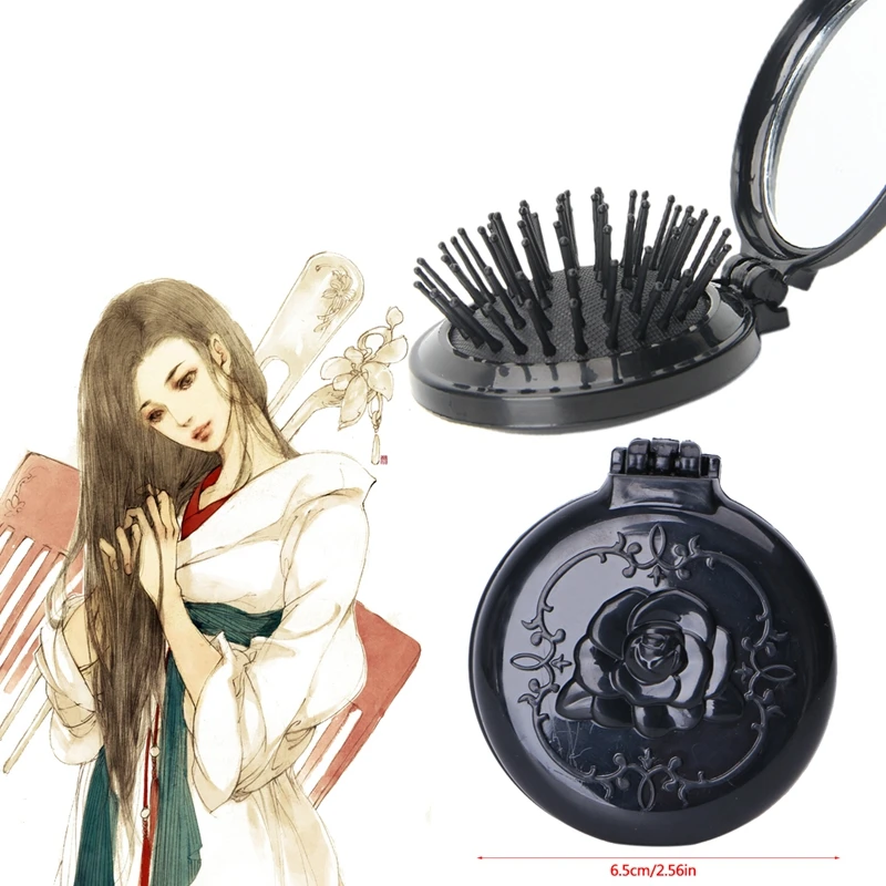 

Fashion Women Girls Travel Folding Round Hair Brush With Mirror Pocket Size Comb