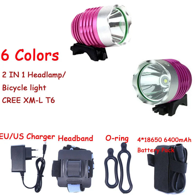 Лидер продаж 1800 люмен супер яркий XML T6 светодиодный велосипед светильник головной светильник Водонепроницаемый 3 режима светодиодный велосипедный светильник налобный фонарь 6 видов цветов - Цвет: Pink 6400mAh