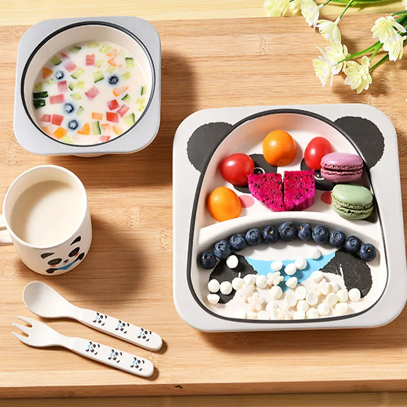Baby Bamboo Fiber Dinnerware Children Safety Tableware Set Animal Cartoon Plate Bowl Fork Spoon Cup Food Feeding Dishes BB3092 (4)